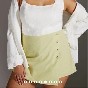 NWT Anthropologie Flat White Womens Button Wrap Mini Skort XL Green Cotton/Linen